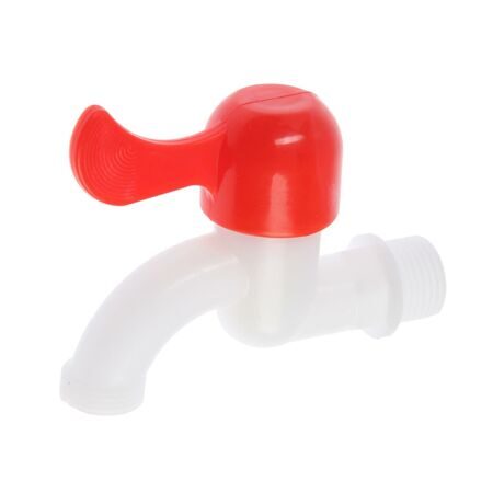 Кран водоразборный 1/2" ZEIN с плоской красной ручкой, PP, кран-букса, белый
